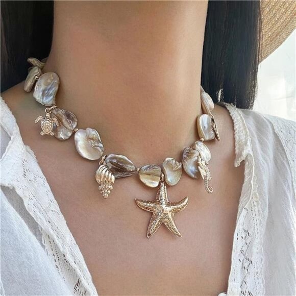 Starfish Shell Beach Necklaces for Women Summer Boho Seashell Pendant Beach Vibe - Picture 2 of 5